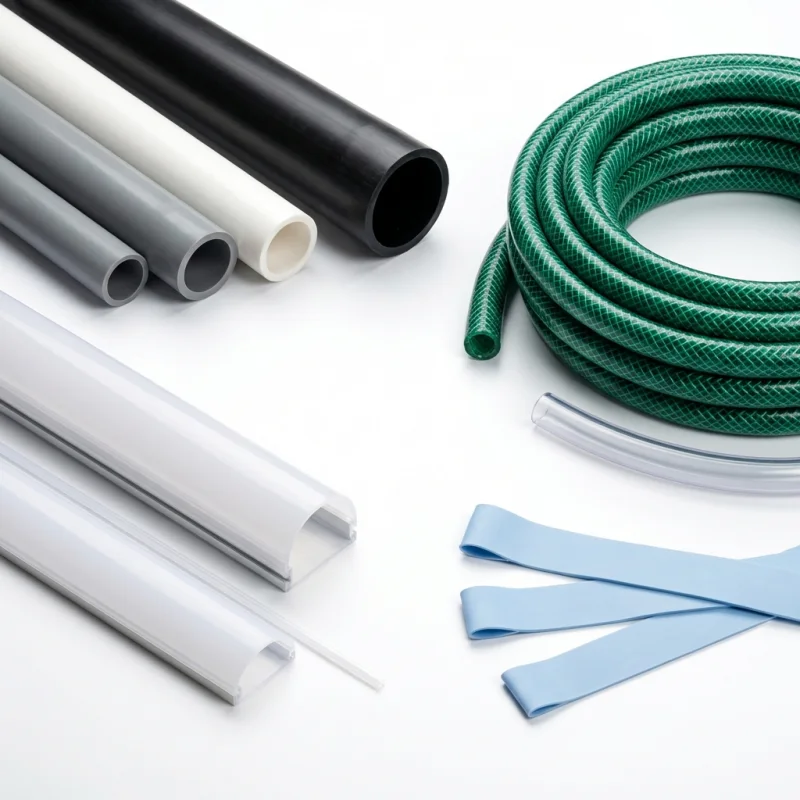 Plastic extrusion products including pipes, hoses, profiles and strips