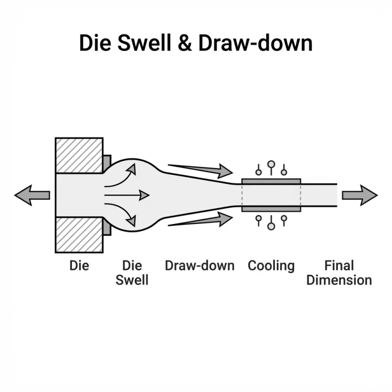 Die swell and draw-down illustration showing extrudate expansion at die exit and size reduction under haul-off and cooling