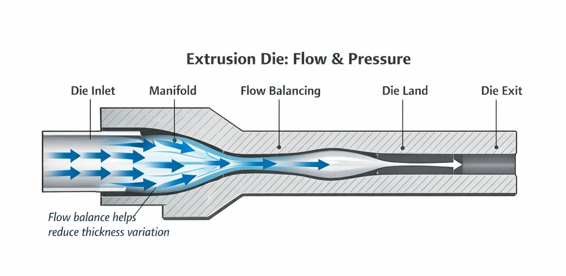 Extrusion die schematic showing melt flow path, flow balancing region, die land and die exit