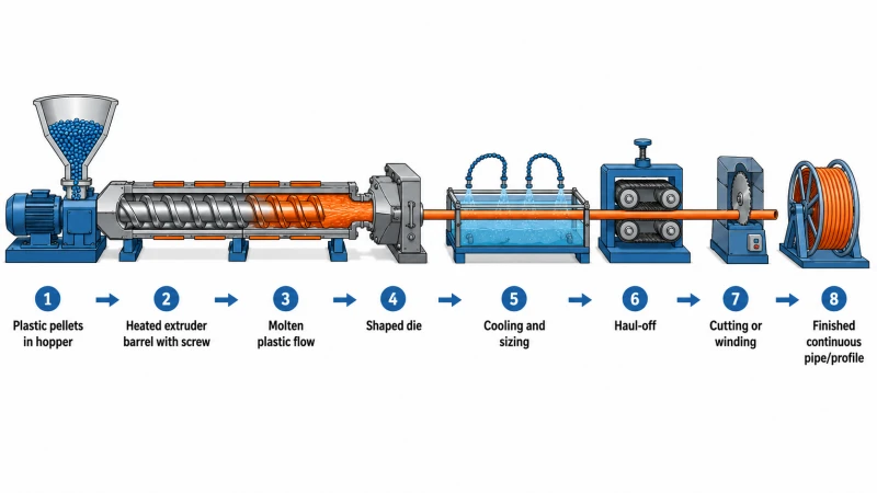 Plastic extrusion process diagram from hopper and heated screw barrel to die shaping, cooling, haul-off and finished profile