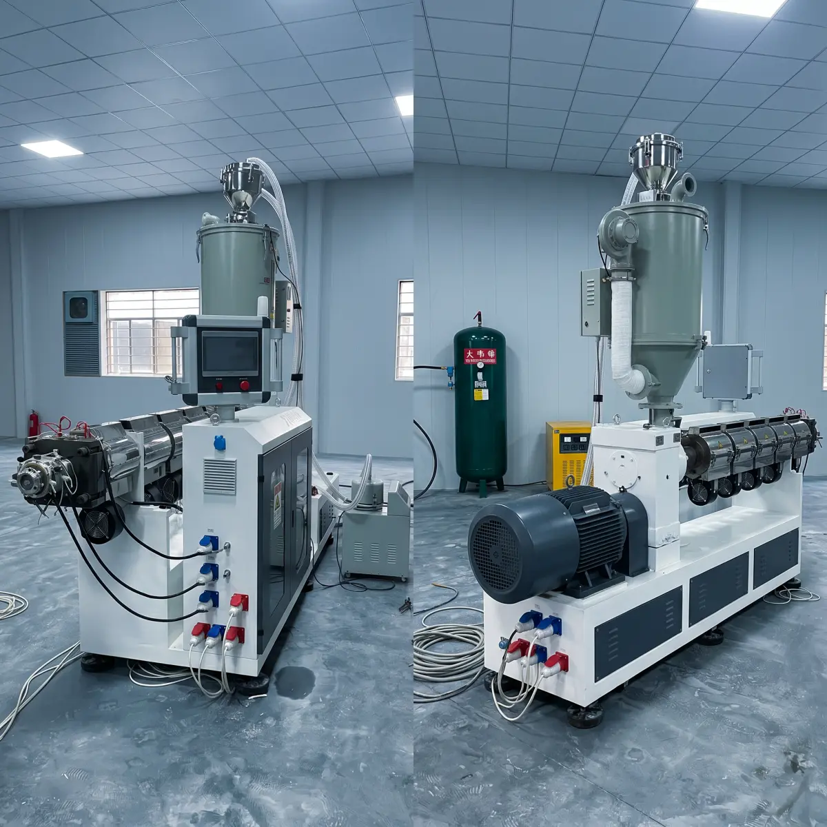 Single screw extruder with hopper feeding plastic resin into the barrel