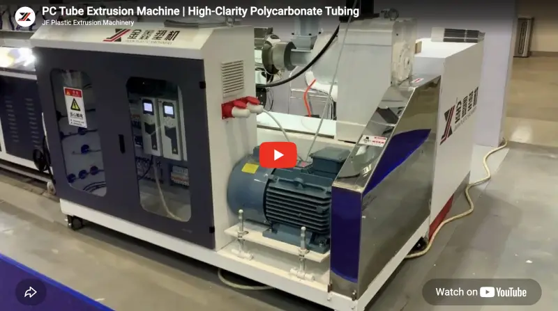 transparent PC tube extrusion reference video cover showing single screw line layout for clear PC products related to PC profile extrusion line projects