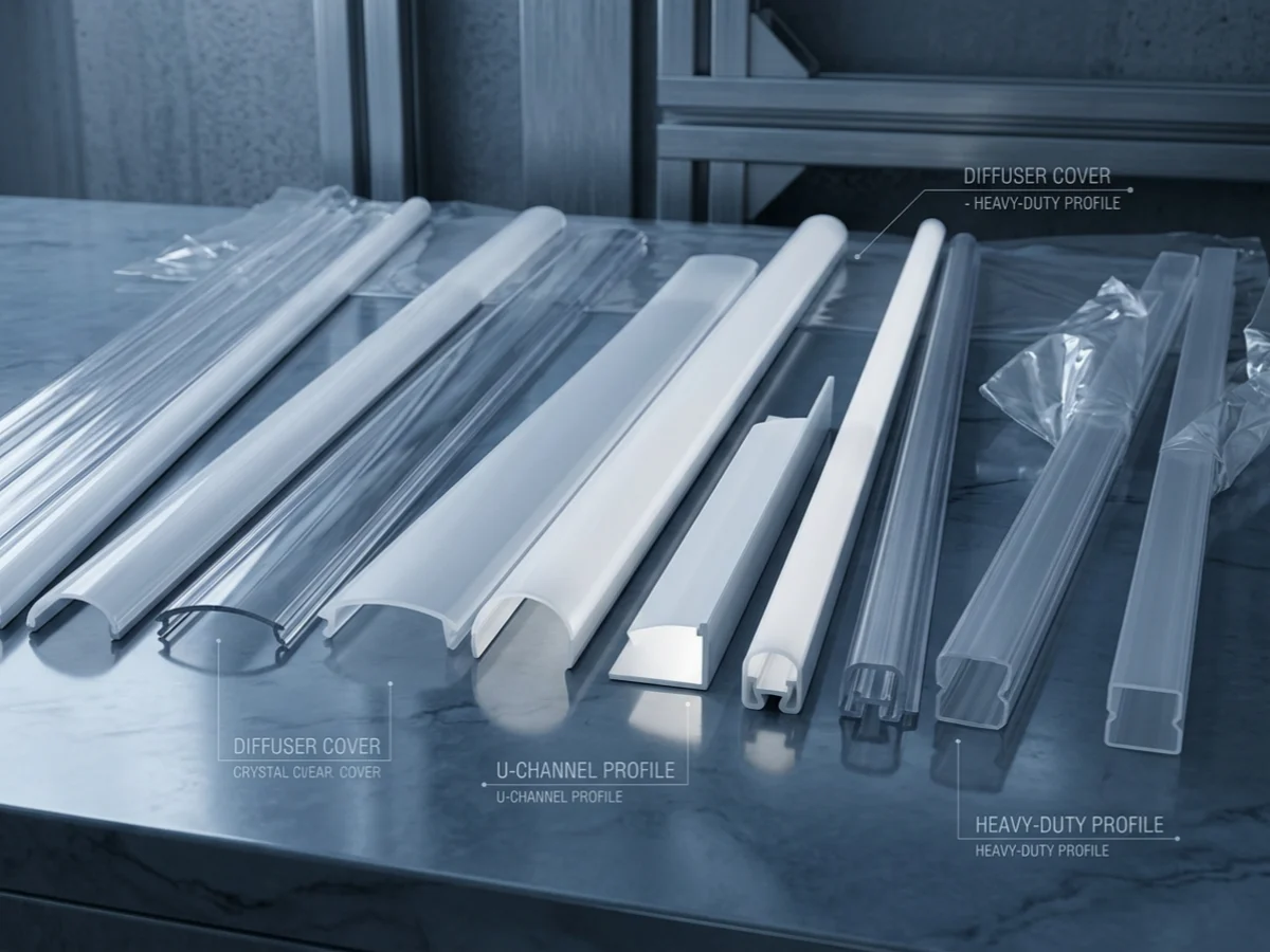 PC PMMA lighting diffuser profile samples from a PC profile extrusion line