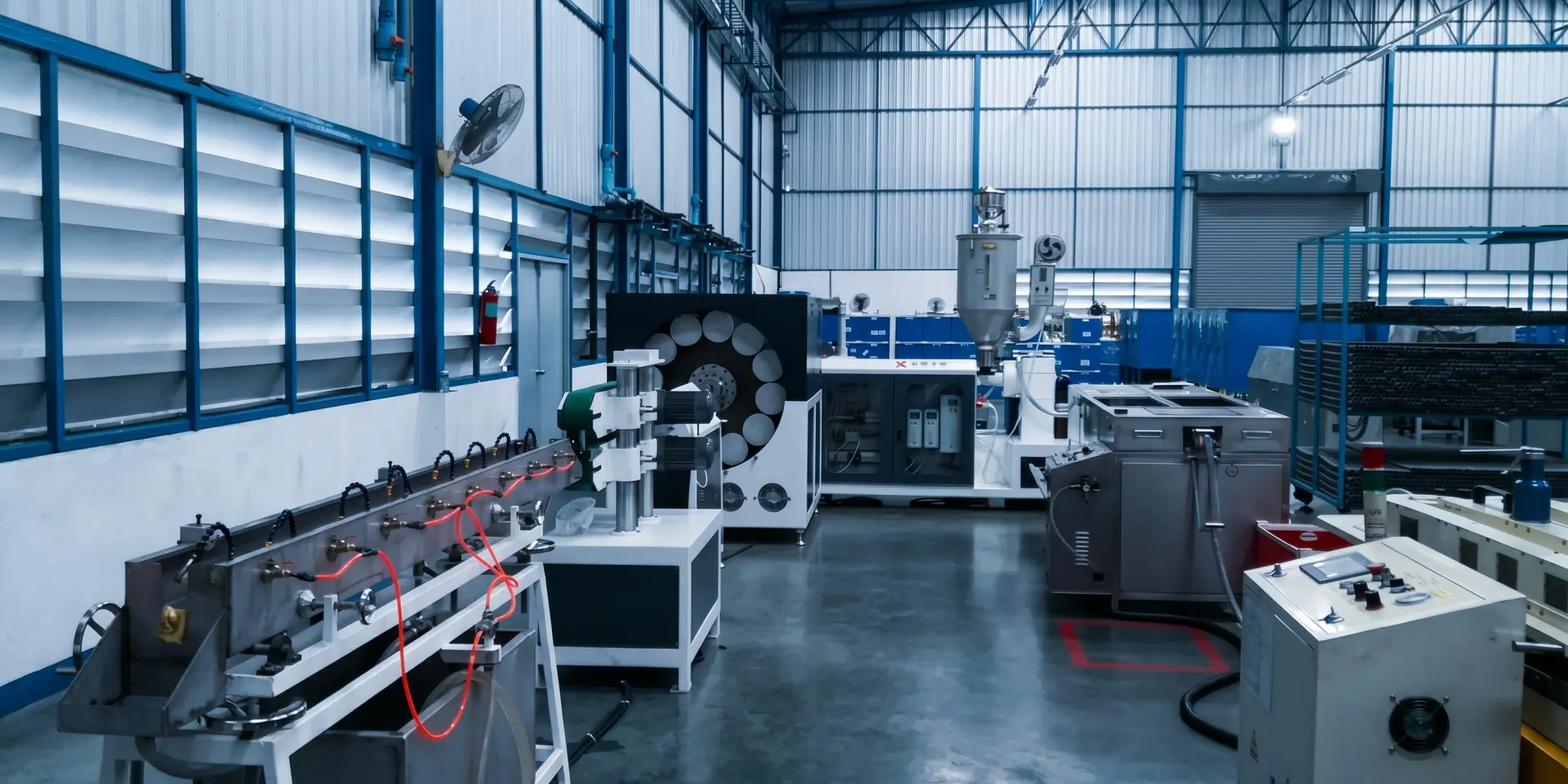 Complete PVC braided hose extrusion and braiding line in a factory for washing machine inlet hose production