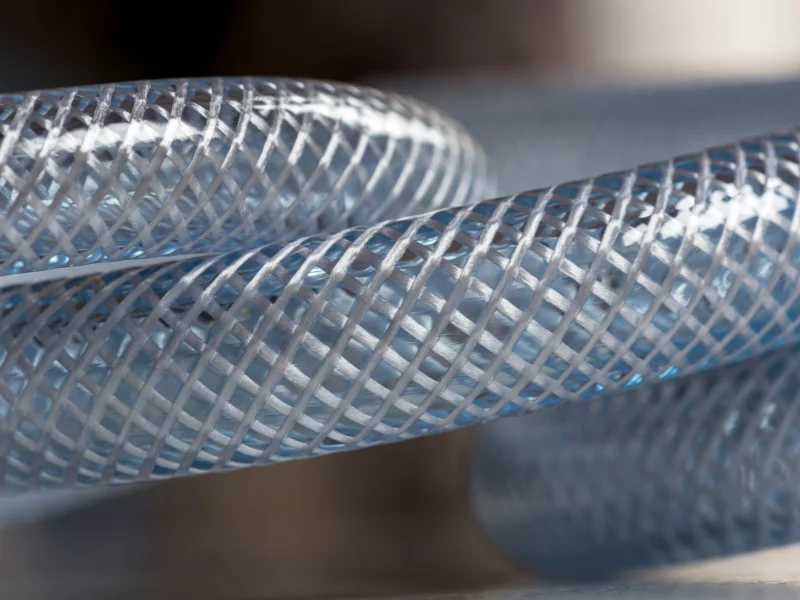 Transparent PVC garden hose samples showing fine yarn coverage through the outer PVC layer