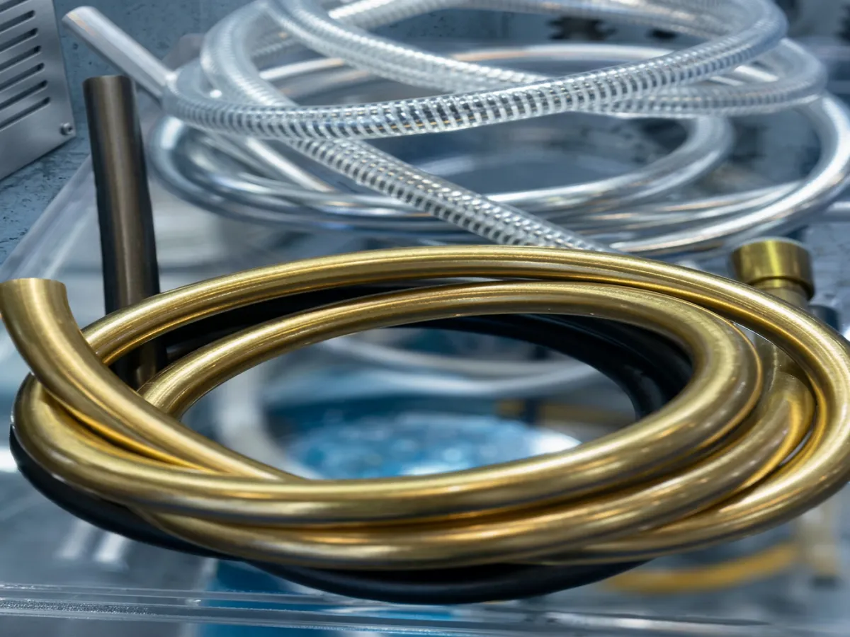Smooth PVC shower hose samples in matte and gloss finishes from a shower hose extrusion line