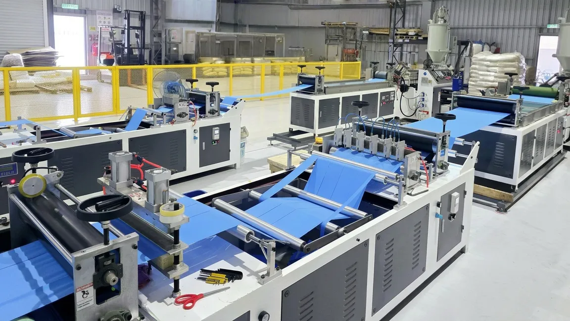 Complete TPE tourniquet extrusion line running blue TPE band during factory testing for tourniquet and Esmarch bandage production