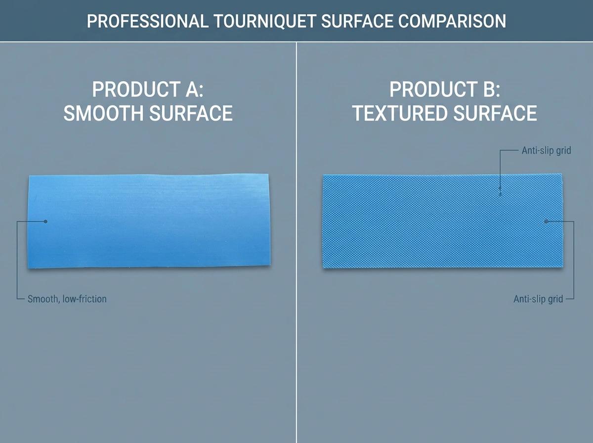 Smooth and textured TPE tourniquet band surface samples showing buyer specification options formed by calendering roller finishes on a TPE tourniquet extrusion line