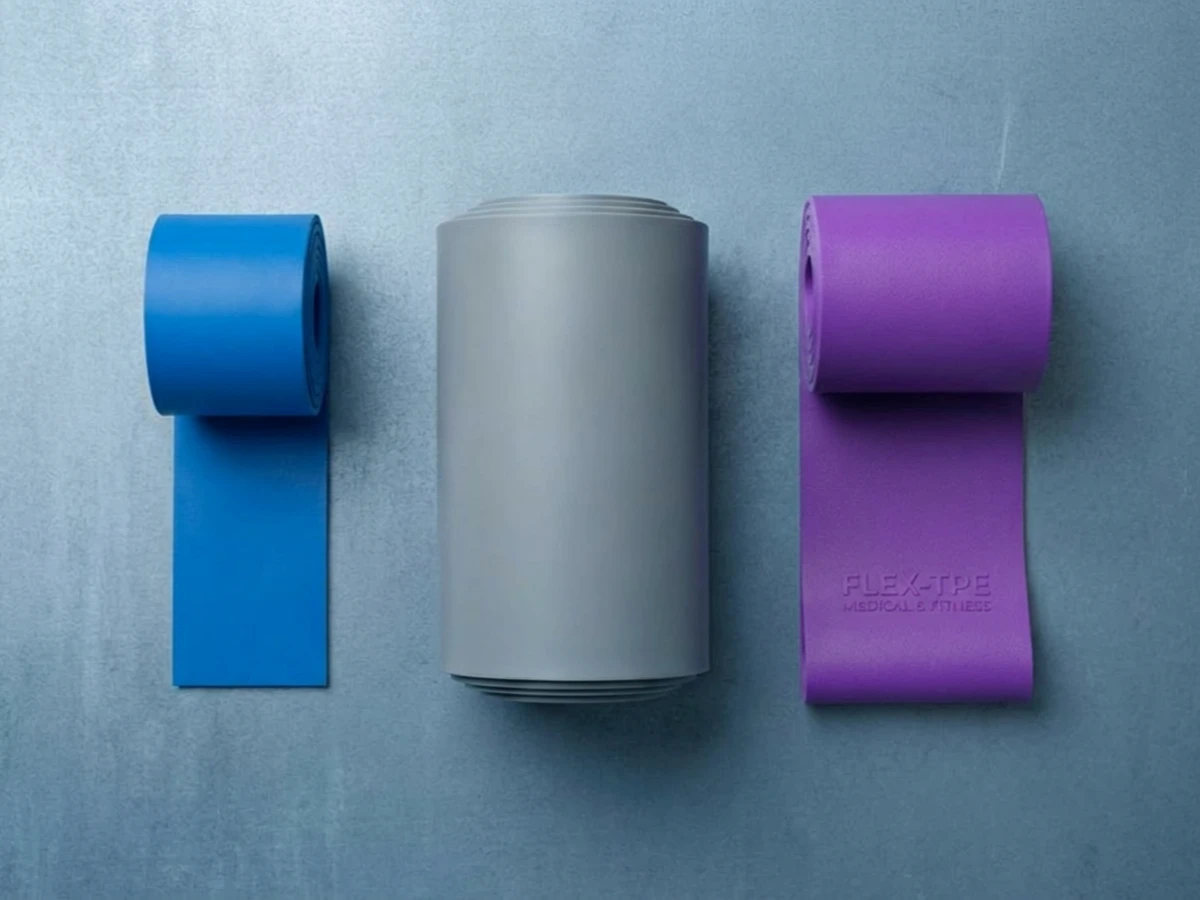 TPE tourniquet and yoga band samples showing elastic strip applications from a TPE band extrusion line
