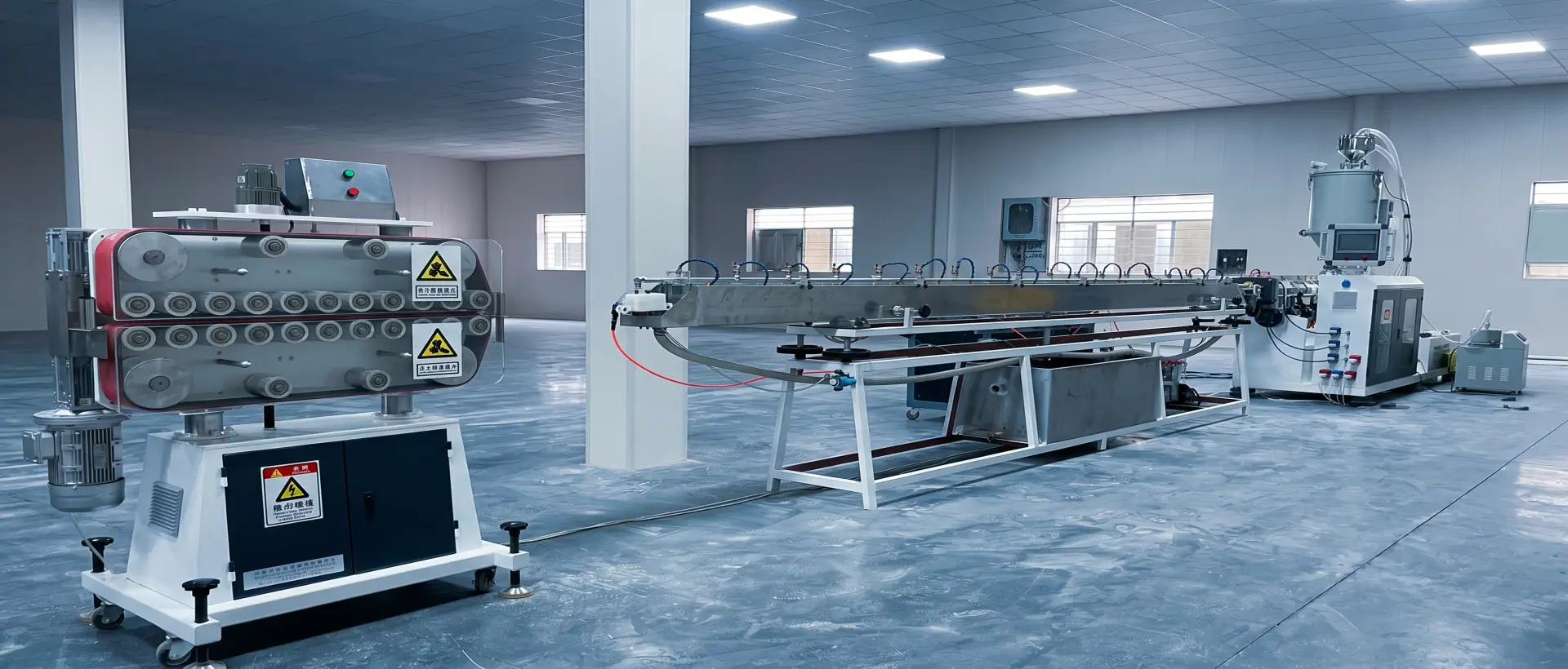 PU extrusion line workshop setup with extruder, forming table and downstream equipment