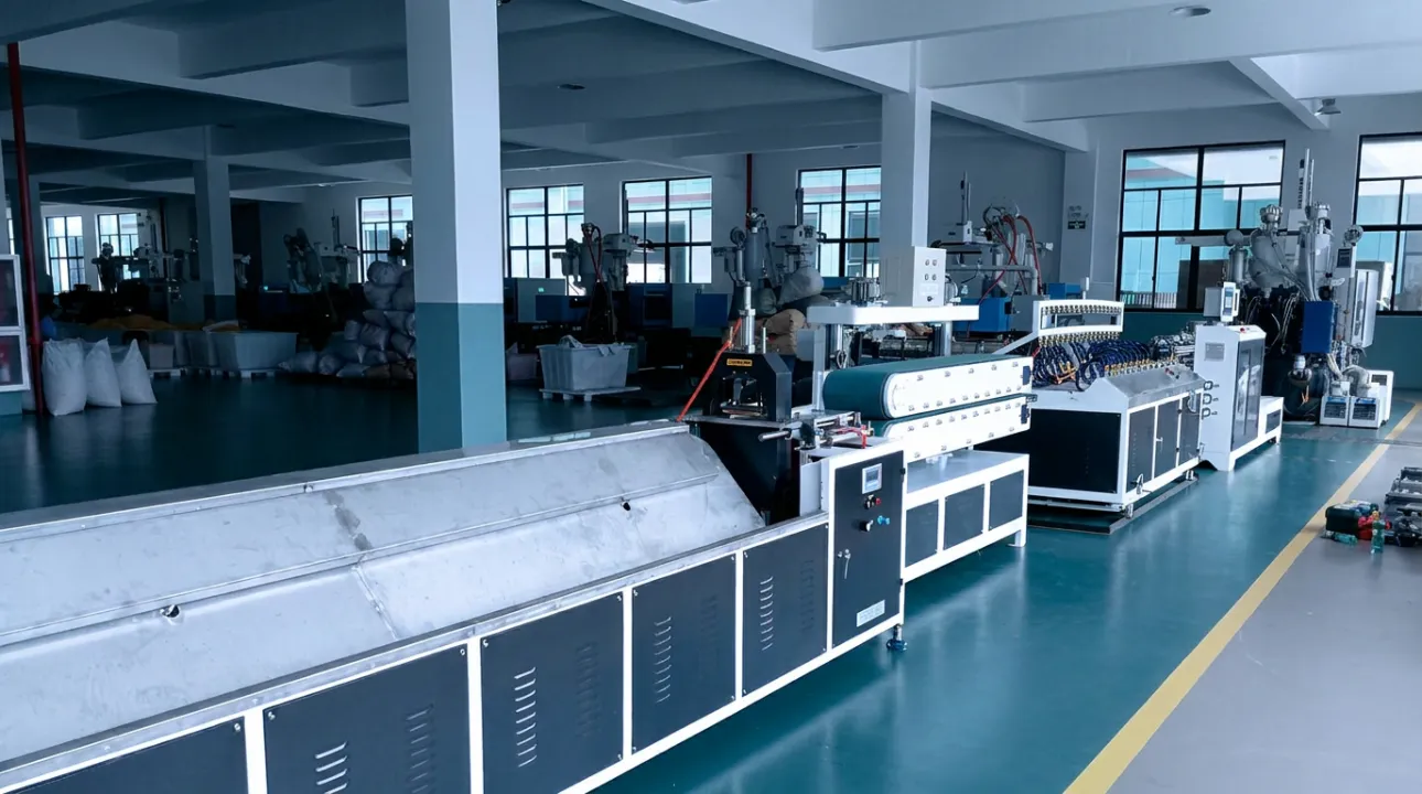 plastic profile extrusion line downstream layout reference showing cooling haul-off and cutting for precision profiles