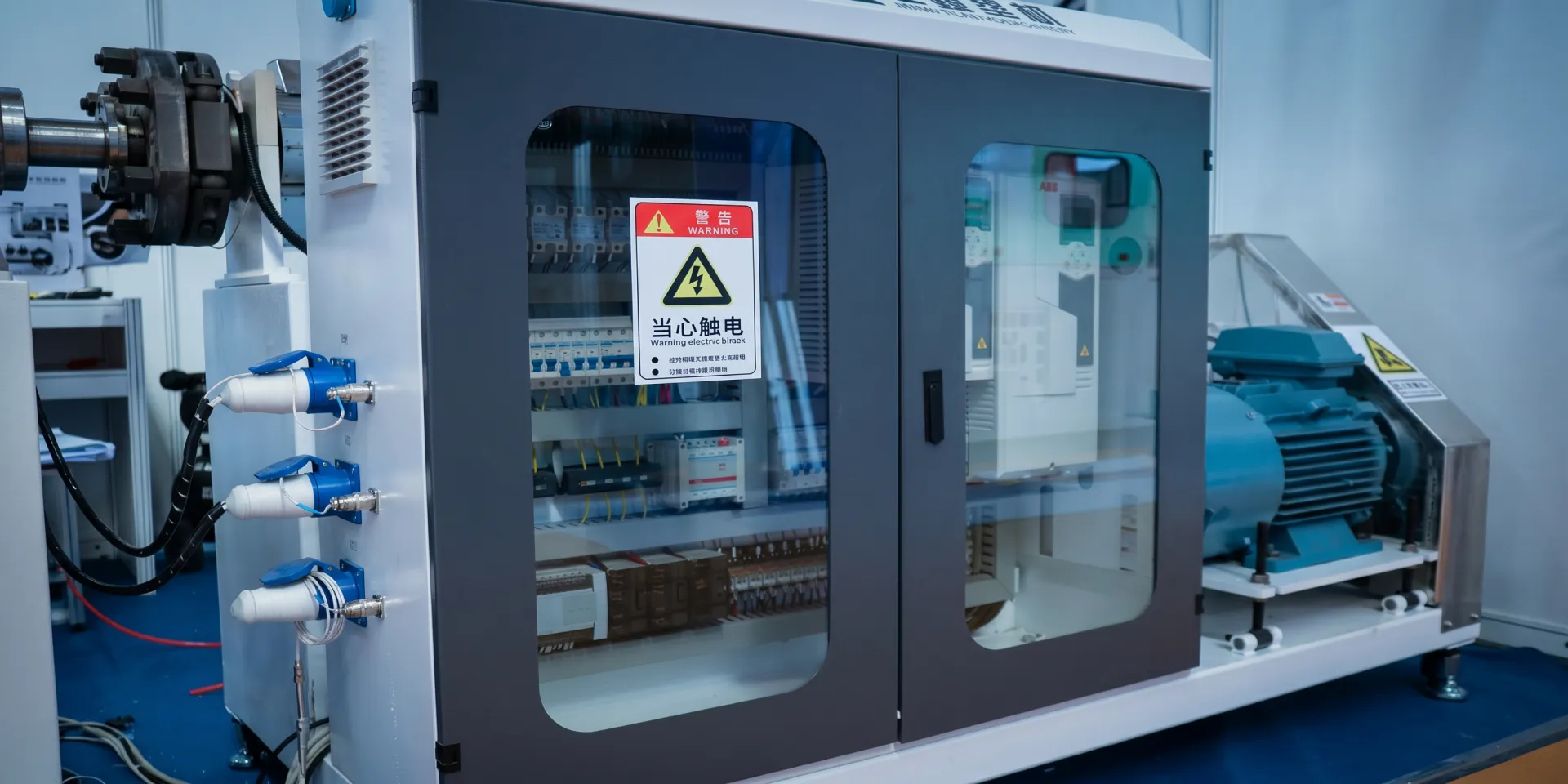 Jinxin extrusion line electrical cabinet with aviation plugs before final testing