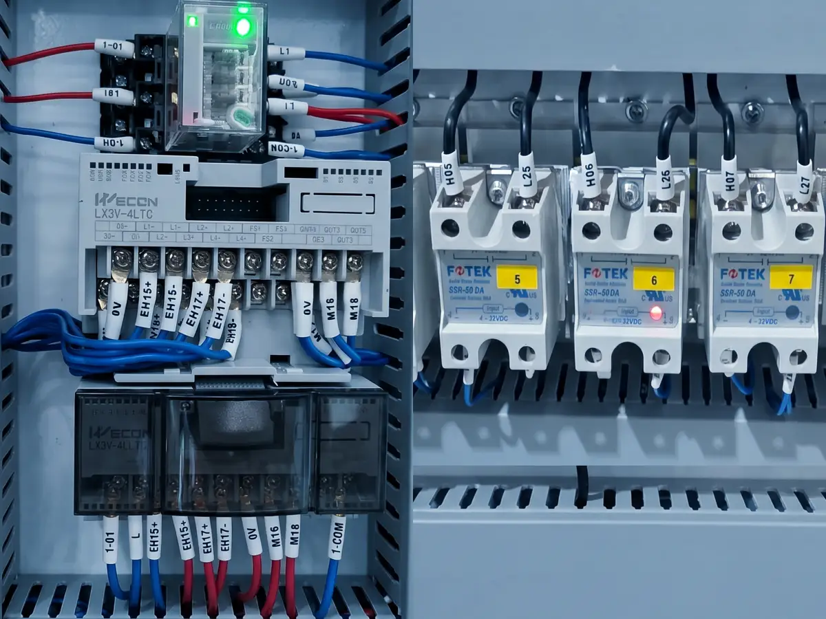 Labeled electrical wiring and solid state relays inside a Jinxin extrusion line control cabinet