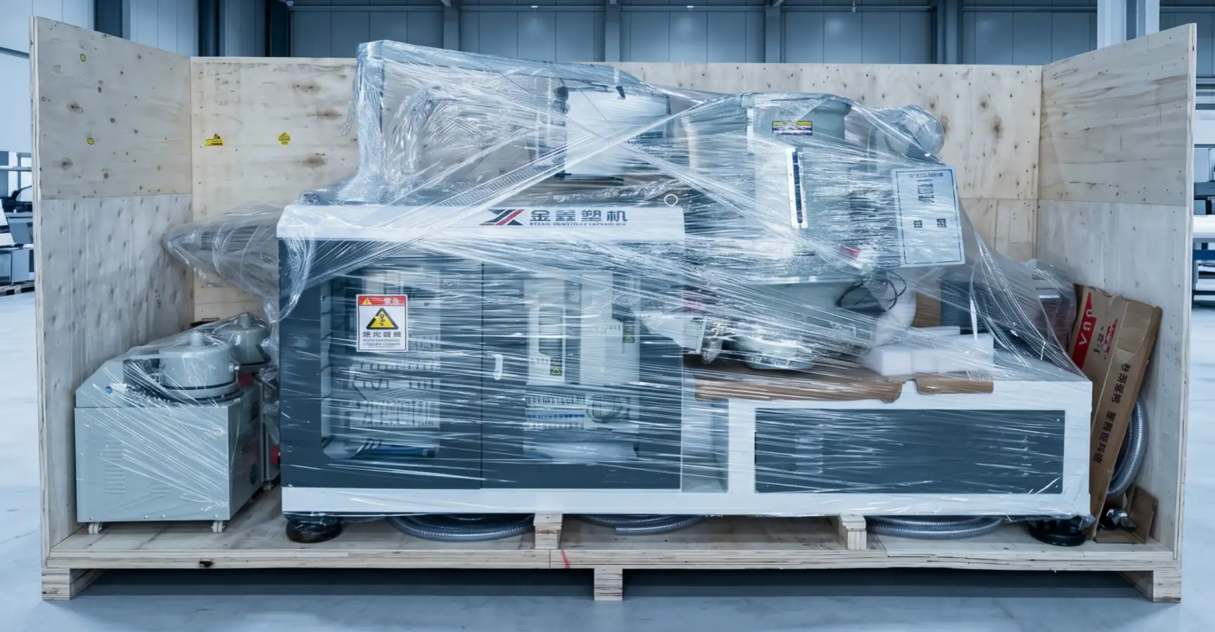 Jinxin extrusion line packed in a wooden crate with accessories and spare parts